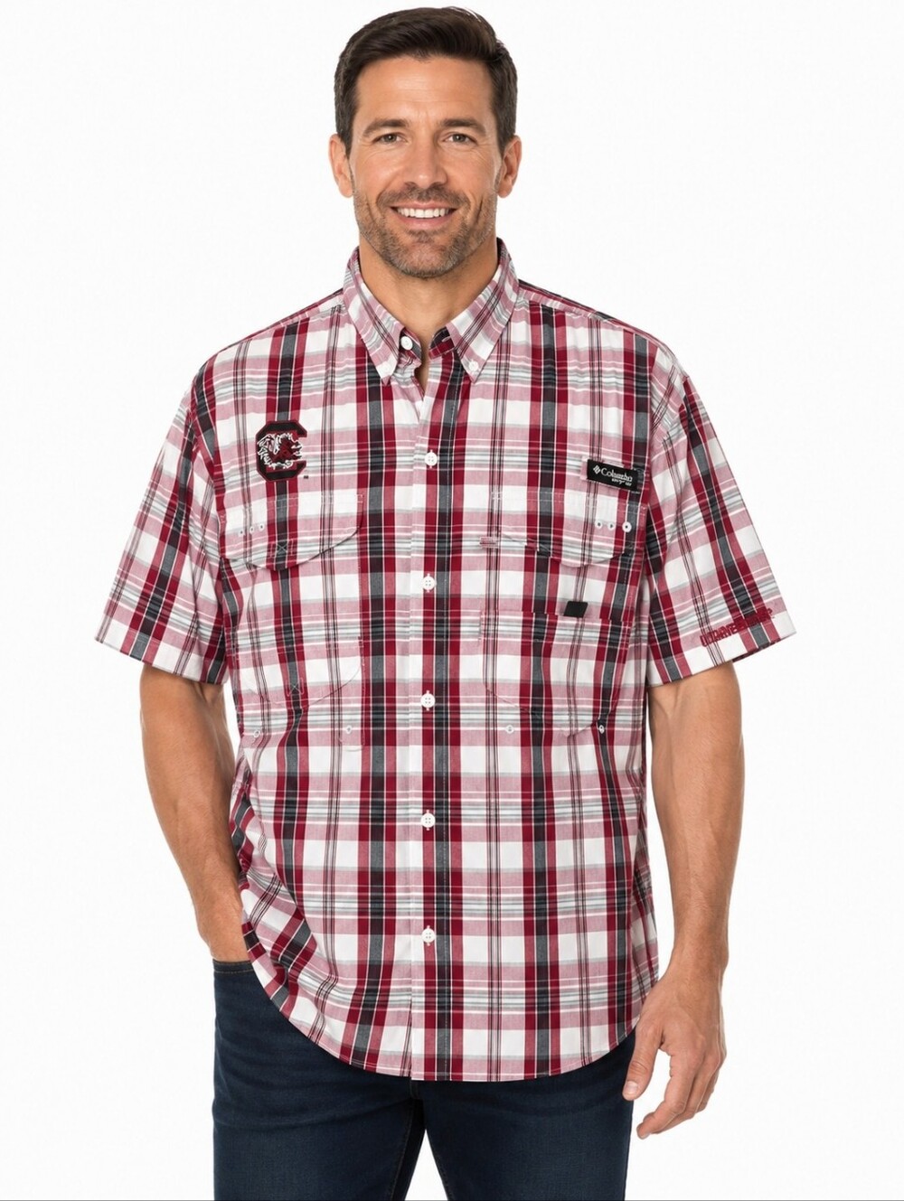 Columbia PFG Super Bonehead South Carolina Gamecocks Shirt Men L Plaid Fishing